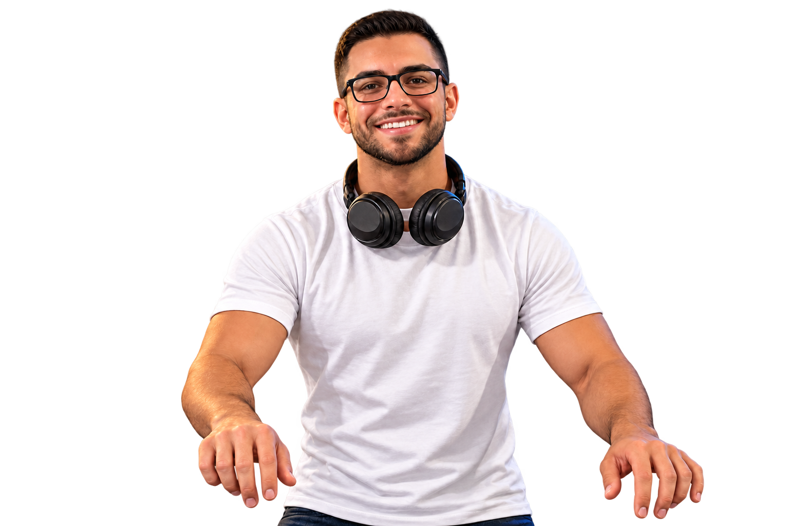 Avatar de DUDU basado en su foto: camiseta blanca, gafas y auriculares al cuello